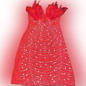 Sexy Rhinestone See Through Mini Dress Women Deep V Neck Featherpatchwork